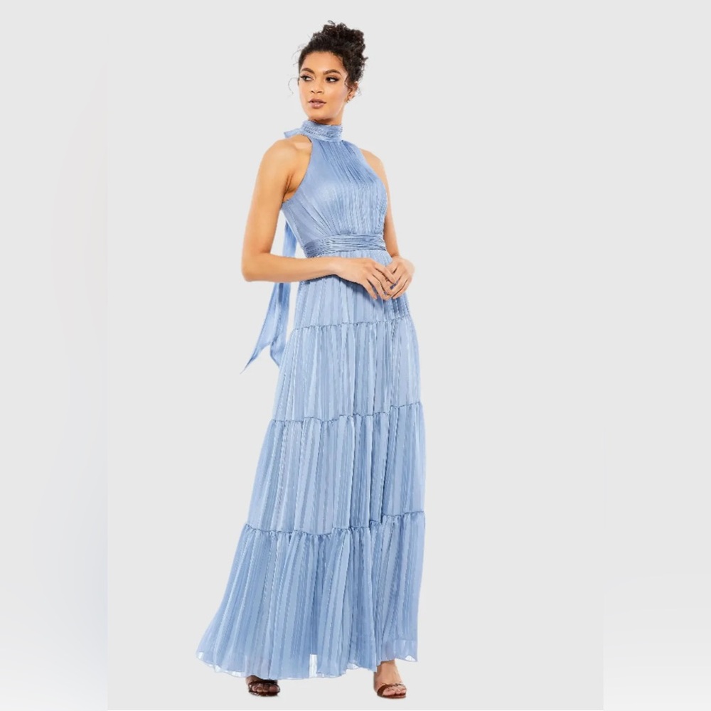 MAC DUGGAL Dress Size 14 Evening Gown Slate Blue NEW Tie Neck Tiered Halter
